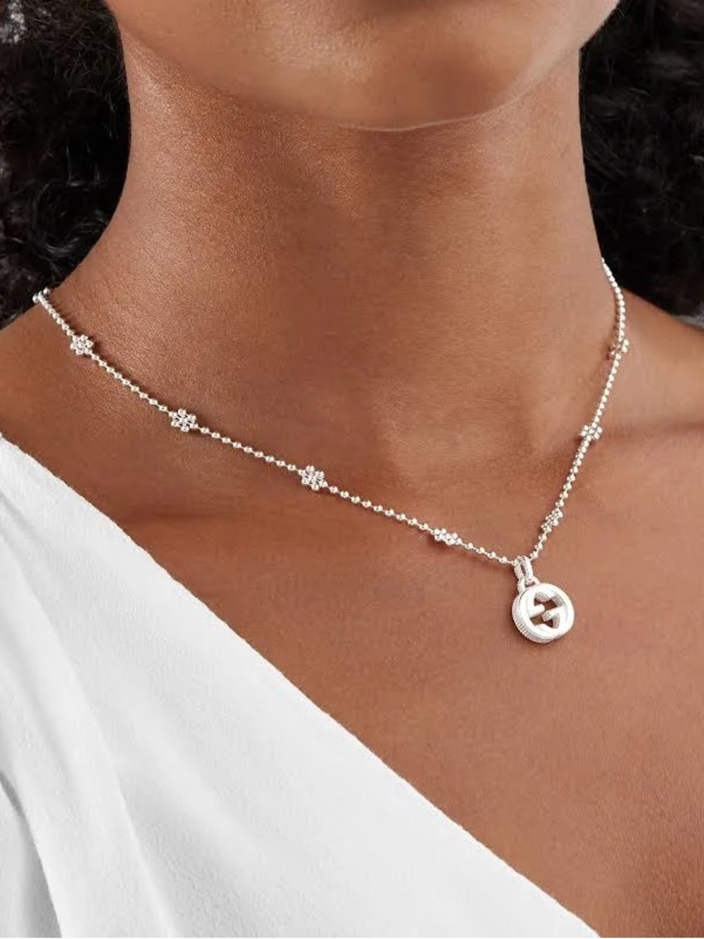 Gucci Silver Necklace with Signature Pendant and Bead Accents